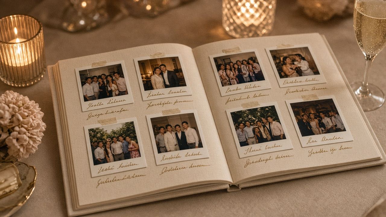 Linen album filled with instant prints